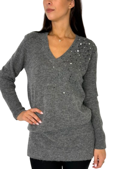 PULLOVER DONNA GRIGIO CON STRASS