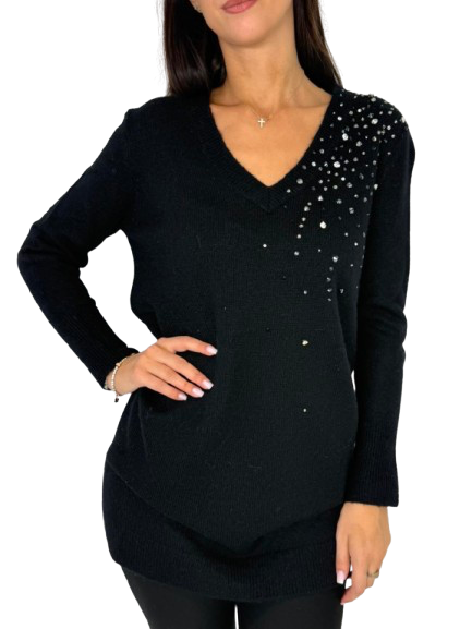 PULLOVER DONNA NERO CON STRASS
