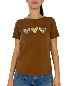 T-SHIRT DONNA MARRONE CON CUORI