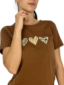 T-SHIRT DONNA MARRONE CON CUORI