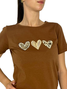 T-SHIRT DONNA MARRONE CON CUORI