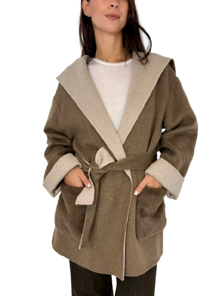 CAPPOTTO DONNA MARRONE/PANNA CON CAPPUCCIO