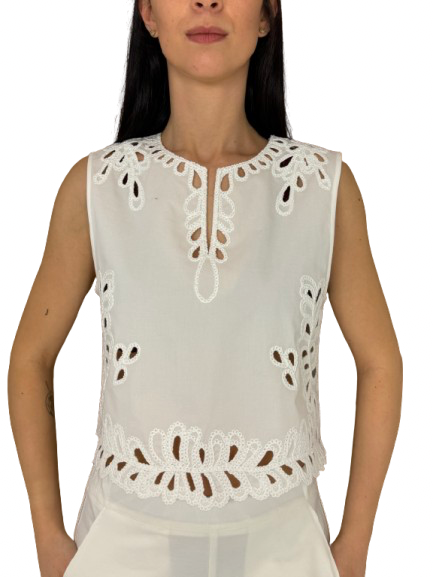 TOP DONNA BIANCO RICAMO SANGALLO