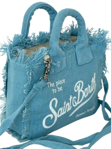 BORSA MINI AZZURRA IN LINO CON LOGO BIANCO