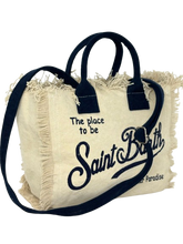 Carica l&#39;immagine nel visualizzatore di Gallery, BORSA MINI PANNA IN CANVAS CON LOGO BLU
