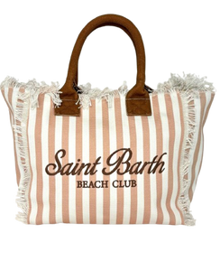 BORSA CANVAS GRANDE A RIGHE BIANCO/MARRONE
