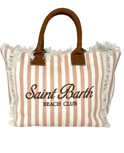 BORSA CANVAS GRANDE A RIGHE BIANCO/MARRONE