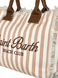 BORSA CANVAS GRANDE A RIGHE BIANCO/MARRONE