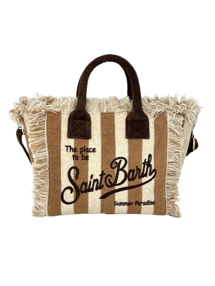 BORSA CANVAS GRANDE A RIGHE BEIGE/MARRONE