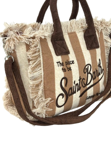 BORSA CANVAS GRANDE A RIGHE BEIGE/MARRONE