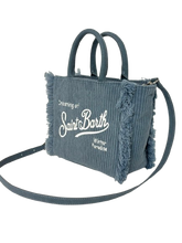 Carica l&#39;immagine nel visualizzatore di Gallery, BORSA AZZURRA VELLUTO CON LOGO BIANCO
