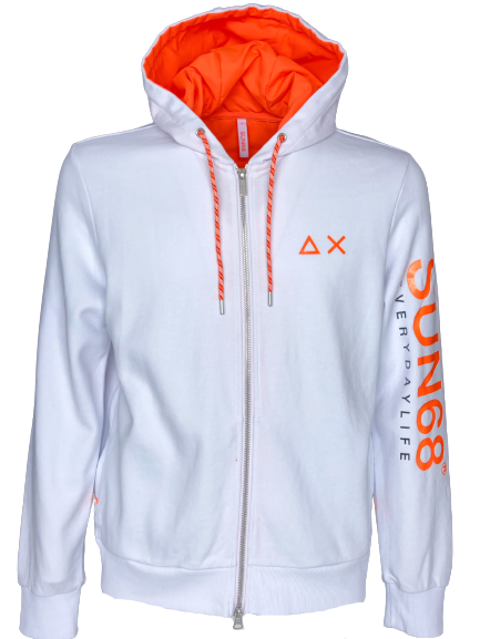 FELPA UOMO CON CAPPUCCIO E ZIP BIANCO/ARANCIO – e-spaceonweb